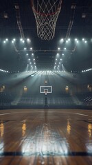 Empty basketball arena with dramatic lighting, view from free throw line in front of goal on the...