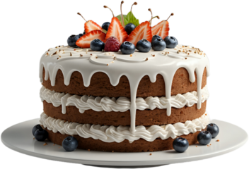 Birthday sweet cake with berries, macaron and floral decor isolated on a transperent background. Beautiful pink cake decorated with macarons, raspberries, strawberries 