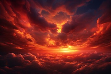 A red sky with clouds and a sun in the background