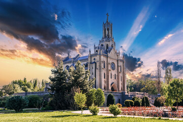 Cathedral of Sacred Heart of Jesus in Tashkent. Ancient Roman Catholic Church in Uzbekistan on...
