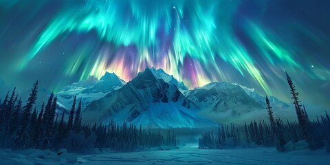 Amazing view of northern lights over snowy mountains and trees in sky