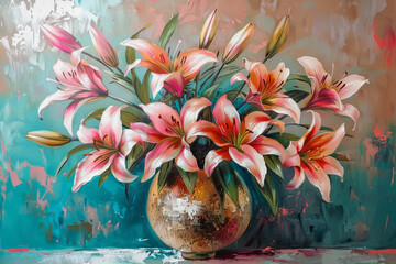 Bouquet of pink lilies in the style of acrylic painting