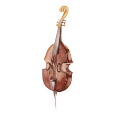 Vintage Double Bass musical instrument. Classical string viola da gamba. Hand drawn watercolor...