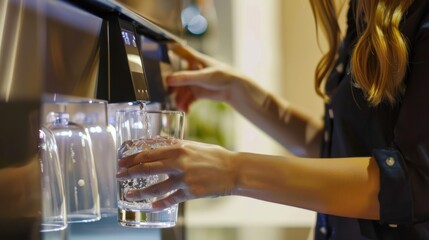 Closeup a woman filling glass from water cooler in kitchen home. Generated AI image