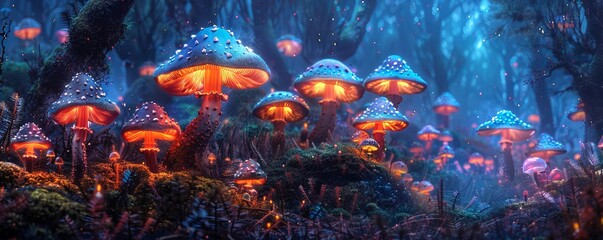 Colorful, glowing mushrooms in a mystical forest.