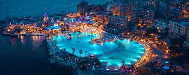 Aerial view of illuminated Aquapark with lit pool reflections, Sliema, Malta.
