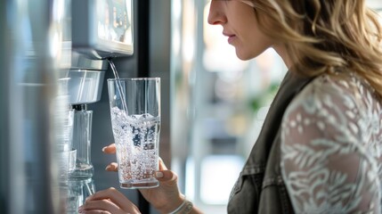 Closeup a woman filling glass from water cooler in kitchen home. Generated AI image