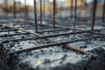 Fototapeta premium Pouring liquid concrete into reinforcement at a construction site
