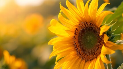 Obraz premium Close-up of a sunflower field at sunset, with the golden light bathing the flowers and casting long shadows