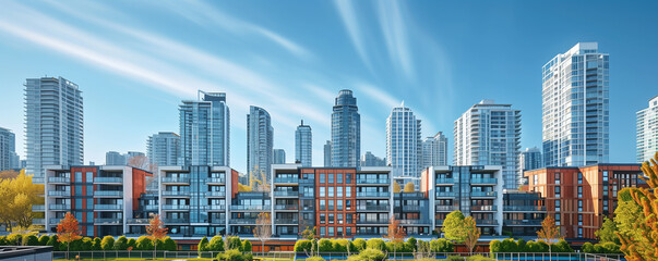 Cityscape view of a modern condominium development in an urban neighborhood with highlighting the architecture and skyline of the residential area.