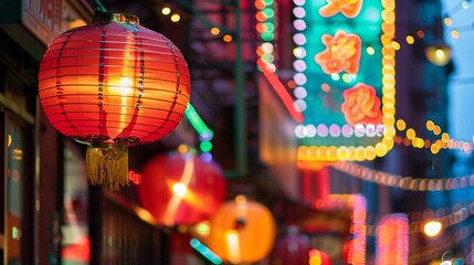 Close-up of a vibrant Chinatown storefront at night, neon signs glowing, lanterns swaying