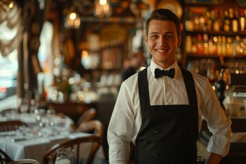 Obraz premium Male waiter in a cafe or restaurant