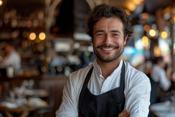 Fototapeta premium Smiling male waiter in a cafe or restaurant