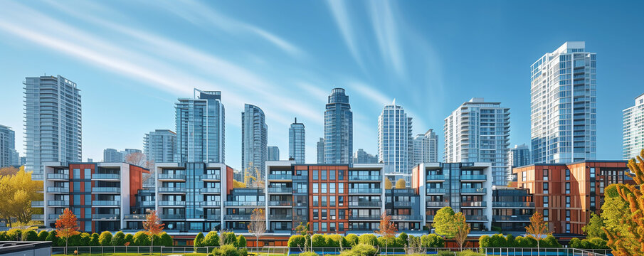 Cityscape view of a modern condominium development in an urban neighborhood with highlighting the architecture and skyline of the residential area.