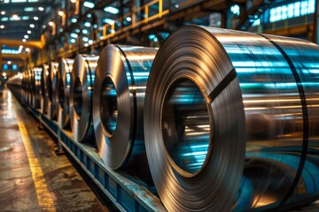 Fototapeta premium Rolls of metal sheet on shelves in a warehouse