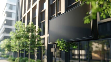 A black blank billboard in an urban setting enhanced by vibrant greenery, ideal for advertising