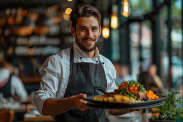 Waiter with dish on tray