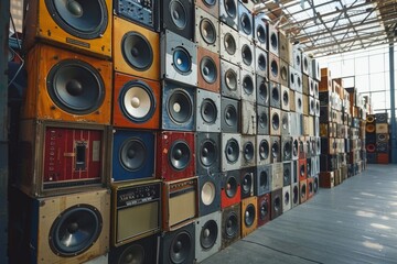Obraz premium Wall of old music audio speakers