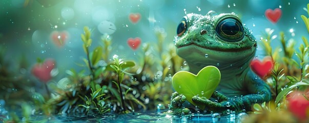 Underwater swamp creature surrounded by hearts, holding a green heart shaped plant for Valentines Day.