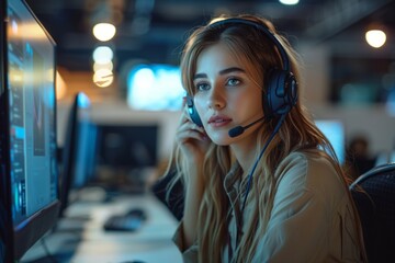 Woman call center operator speaks on the phone using a headset
