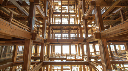 Timber Atrium: Architectural Wonder of Stacked Beams. Generative AI