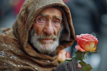 Old beggar man with a rose in his hand