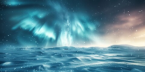 Blue Aurora Borealis over Snow covered Landscape. Majestic Northern Lights Background with copy-space.