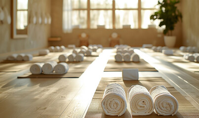 Sunlight fills yoga studio, mindful practice begins
