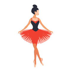 Elegant ballerina dancing, graceful ballet dancer performing. Female ballerina red tutu, black bodice, ballet pose. Young dancer, classical ballet, isolated white background, performance outfit