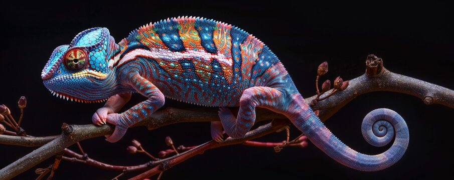 realistic multicolored chameleon with iridescent skin in speckles sitting on branch of a bush over black background