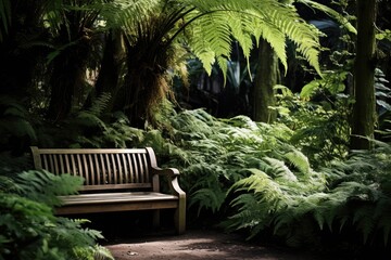 Ferns in a shaded garden with a wooden bench.