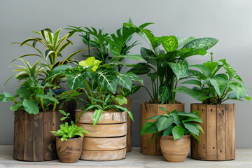 Composition From Green Plants In Wooden Pots on the Gray Wall Side. Simple and clean interior with nature decoration with bright natural light from a window