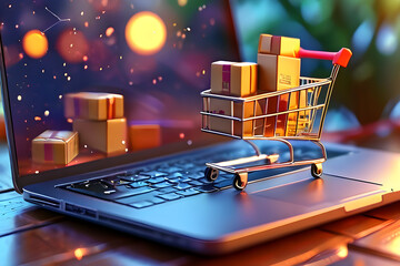 Shopping cart with parcel boxes on laptop keyboard computer Online shopping e-commerce business concept