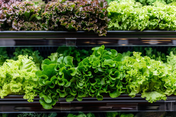 Fresh green and red lettuce and chinese cabbage and other varios of fresh greenery at a market shelf