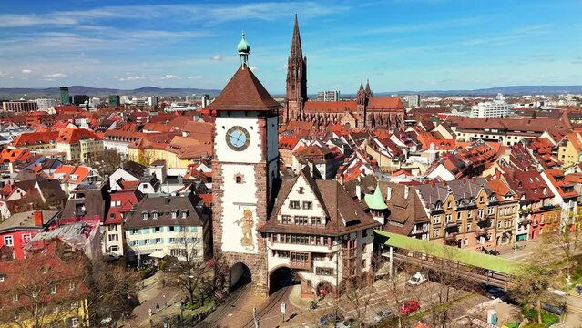 Aerial view of the city of Freiburg im Breisgau in Germany.