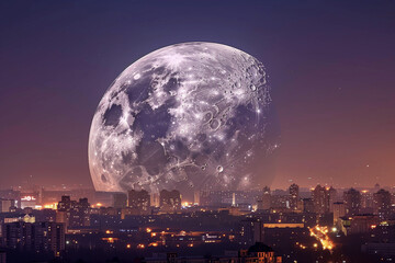 Huge full moon at night with lights from city view 