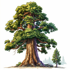Detailed illustration of a giant sequoia tree set against a forest backdrop.