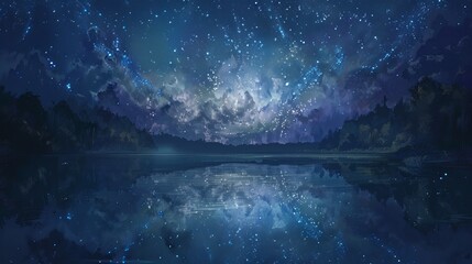 Starlit Night over a Tranquil Lake: Reflections of the Cosmos in the Stillness of Night