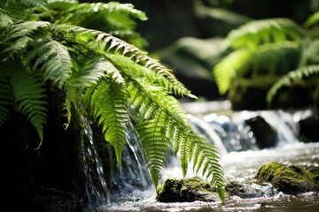 Obraz premium Ferns with a soft focus background of a waterfall.