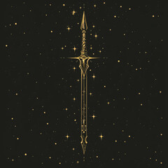 Fototapeta premium An ornate golden fantasy sword displayed prominently against a mystical starry night background.