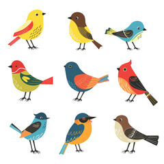 Collection colorful bird illustrations, various species, cartoon style. Birds feature bright plumage red, blue, yellow, orange tones, cheerful design. Set nine different birds, side view, standing