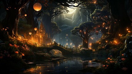 Fototapeta premium Forest Nocturne: Illuminated Night
