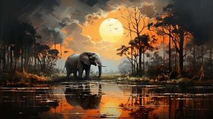 elephant at sunset