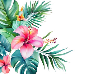 Obraz premium Watercolor painting of pink hibiscus flowers with green palm leaves in the background. on a white background