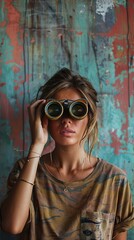 Fototapeta premium Young woman looking through binocular in front of wall