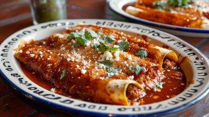Plate of enchiladas covered in red sauce, garnished with fresh cilantro