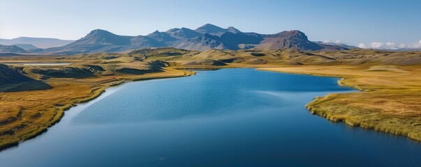 Obraz premium Aerial view of Frostastadavatn lake, Hella, Southern Region, Iceland.