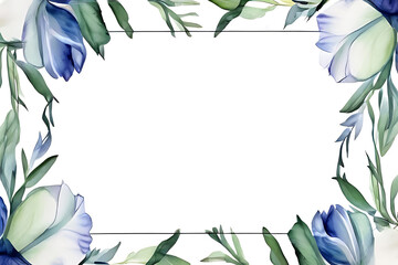 Watercolor white frame decorated with floral pattern which consists of purple and white flowers and bright green leaves