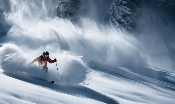 Man running through the deep snow on a mountain. Achenkirch, Tirol, Austria