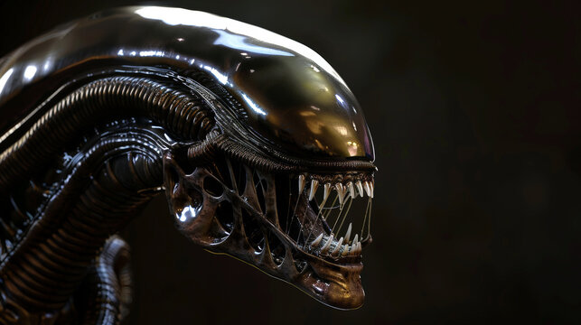 Xenomorph Head in Shadow: Intricate Macro Details. Generative AI